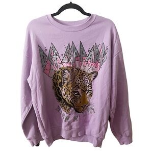 DEF LEPPARD Purple Glitter Pullover Crew Neck Oversized Graphic Sweatshirt Sz L